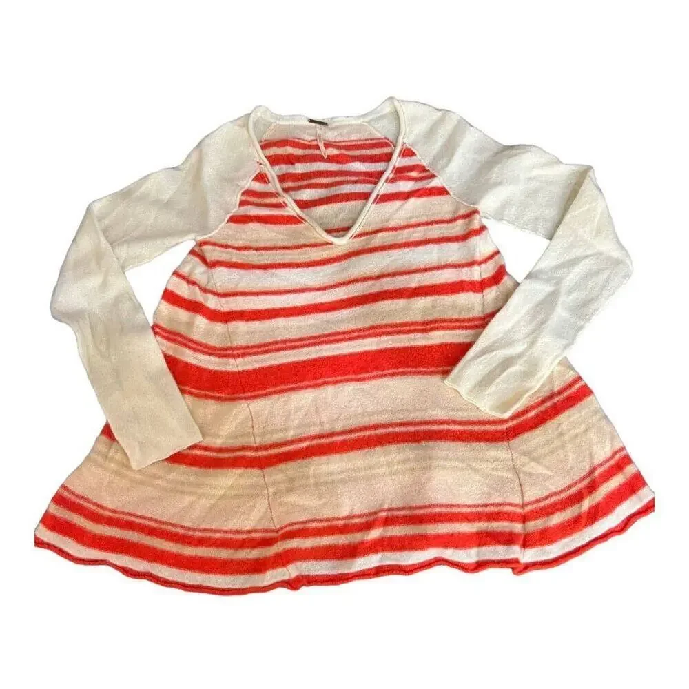 FREE PEOPLE Top Womens XS 100%‎ Cashmere Striped V-Neck Long Sleeve Flare Hem